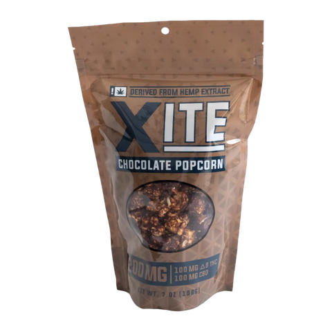 Xite Chocolate Popcorn 100mg CBD and 100mg THC per bag. Dark brown bag