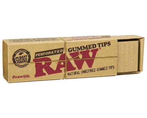 RAW Classic Gummed Tips, tan package with red and black letters.