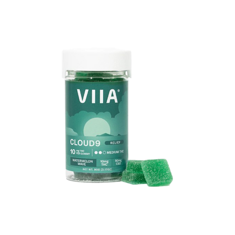 VIIA Hemp cloud 9 delta-9 relief gummies. clear jar with green label. 