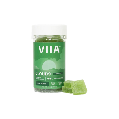 VIIA Hemp cloud 9 5mg delta-9 relief gummies. Clear jar with green label. 