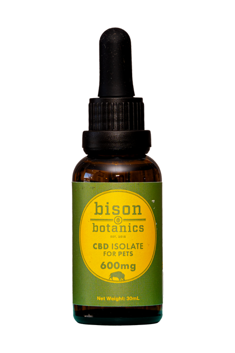 Bison Botanics CBD isolate for pets tincture. amber bottle with green and orange label. 