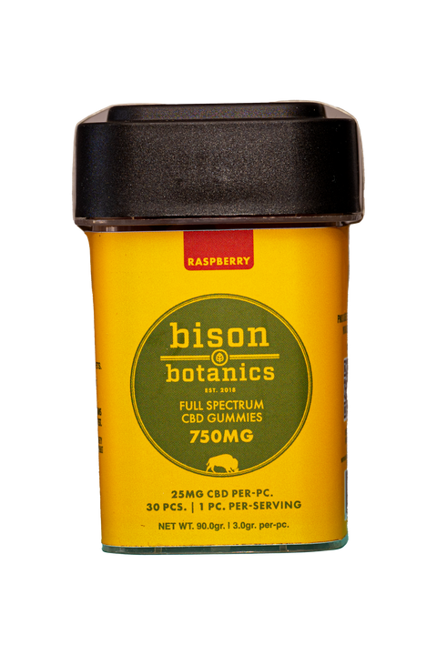 Bison Botanics full spectrum CBD gummies 750 black package with orange label. 