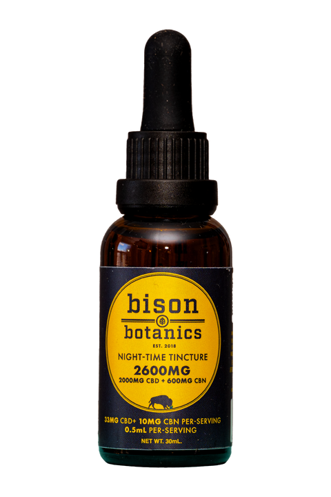 Bison Botanics Night time tincture amber bottle with black and orange label