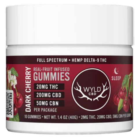 WYLD 10:1 CBD:THC Gummies. Dark Cherry Flavor. red label on white jar.