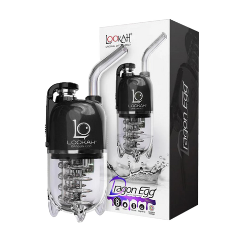 Lookah dragon Egg E-rig vape device. Black and clear device with white and black packaging. 