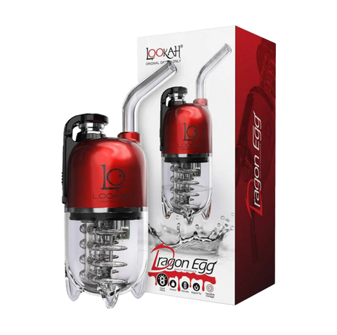 Lookah Dragon Egg E-rig vaporizer. red and clear product. White and red packaging. 