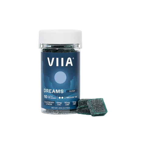 VIIA Hemp 10mg Delta-9 Dreams Gummies. Clear Jar with blue label. 