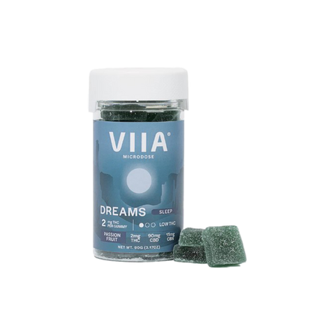 VIIA Hemp 2mg Delta-9 dreams gummies. clear jar with blue label. 