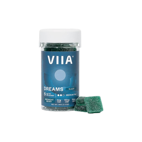 VIIA Hemp 5mg delta-9 dreams gummies. clear jar with blue label. 