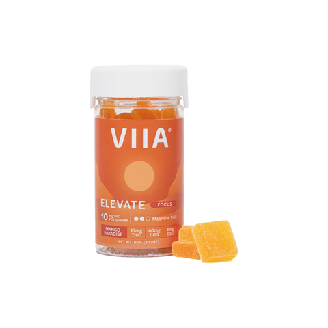 VIIA Hemp Elevate 10mg focus gummies. clear jar with orange label. 