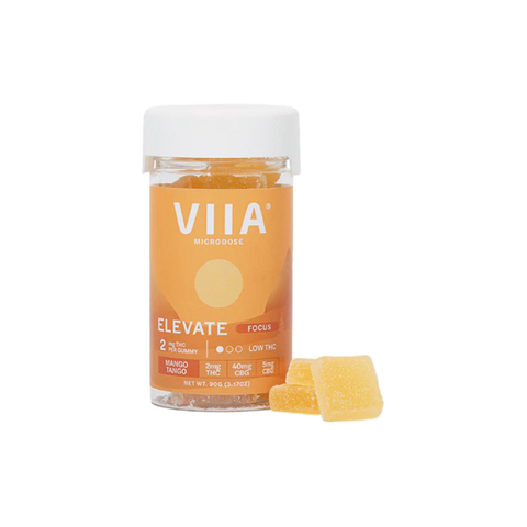 VIIA Hemp 2mg Elevate Delta-9 focus gummies. clear jar with orange label. 