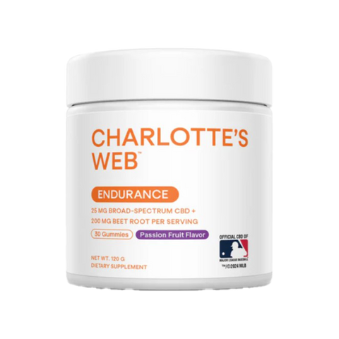 Charlotte's web endurance Gummies, 30 count, white and orange bottle.