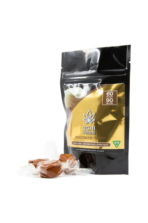 3 CHI Root Beer taffy, black and gold package