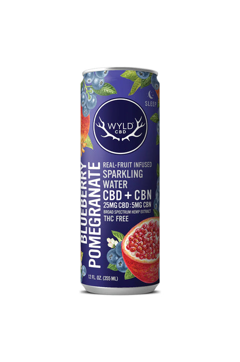WYLD blueberry Pomegranate CBD Seltzer, blue and white can