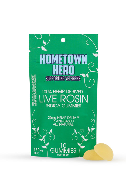 Hometown Hero Live Rosin gummies, Indica, green package