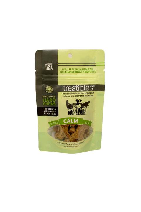 Treatibles Calm dog hard chews, green and black bag