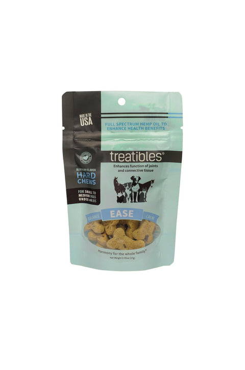 Treatibles Ease hard dog treats, blueberry flavor, blue and black bag 1mg CBD