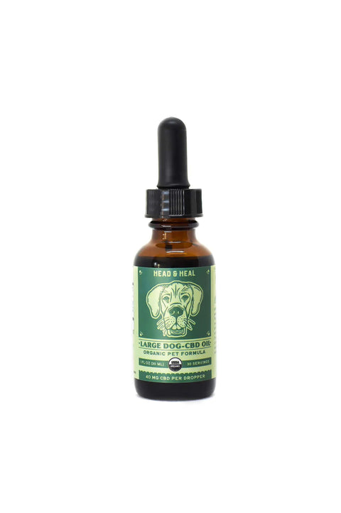 Head and Heal large dog pet tincture, green and amber bottle