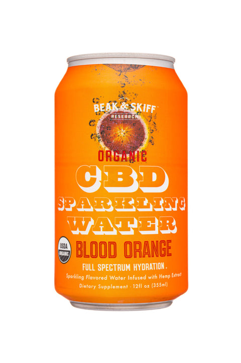 Beak and Skiff Blood Orange Sparkling CBD water. 12floz. Orange Can. 
