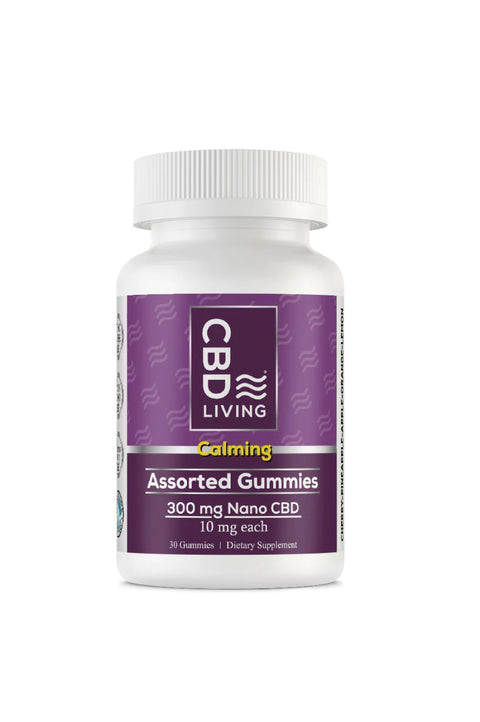 CBD Living assorted gummies, purple and white jar