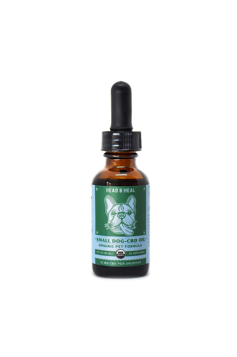 Head and Heal Small Dog CBD Pet tincture, green and amber bottle