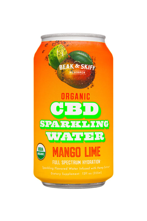 Beak And Skiff Mango Lime Sparkling CBD water. 12floz. Orange Can.