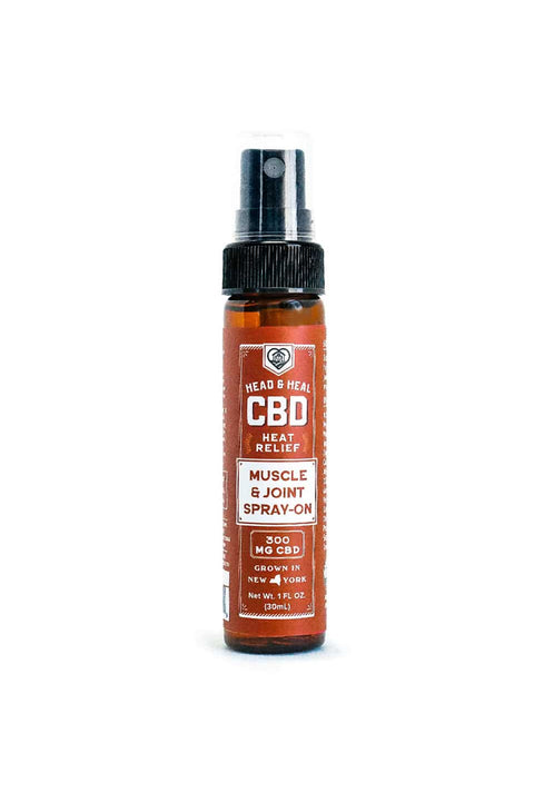 Head and Heal CBD muscle and joint spray on, red and black bottle