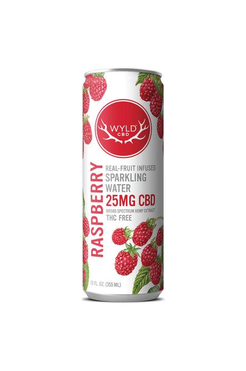 WYLD Raspberry CBD Seltzer, white and red can