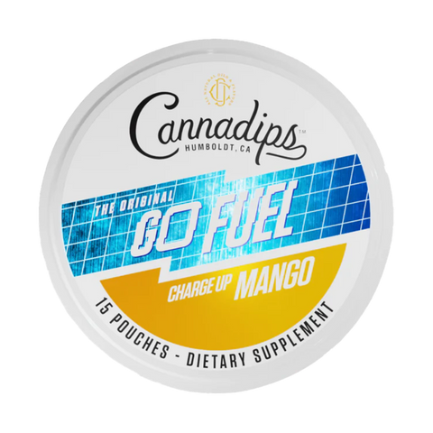 Cannadips Go Fuel CBD Pouches Mango flavor. White and Orange Circular Tin.