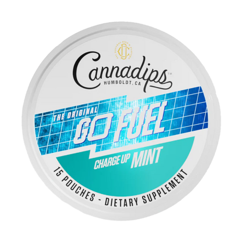 Cannadips Go Fuel Mint flavor CBD Pouches. White and blue circular tin. 