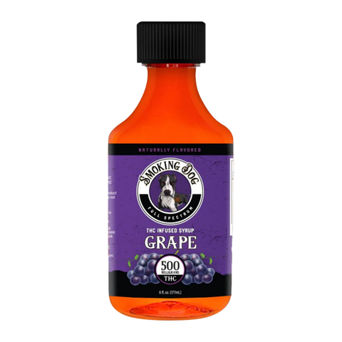 Smoking Dog Grape Delta-9 syrup. 500mg per bottle. purple and black bottle.