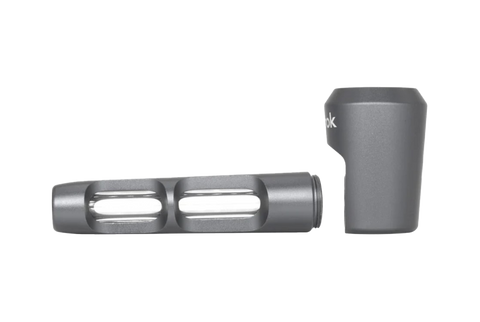 Ongrok silver metal spoon pipe in two parts. A glass stem in metal with a separate metal bowl. 
