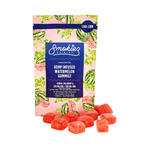 Smokiez Hemp Infused Watermelon Gummies. Pink and Blue Package.