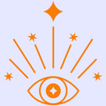 eyeball icon with sunrays and stars, orange icon blue background