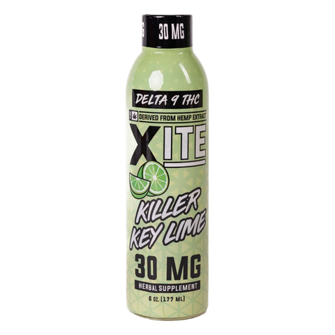 Xite Killer Key Lime Delta-9 THC drink. 30mg per bottle. Green bottle with white lettering.