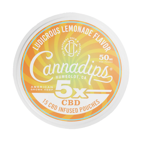Cannadips Lucious Lemonade 5x CBD Pouches. White and orange circular tin. 