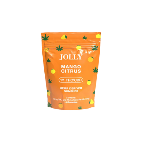 Jolly Cannabis Mango Citrus 1:1 THC:CBD gummies. Orange Bag