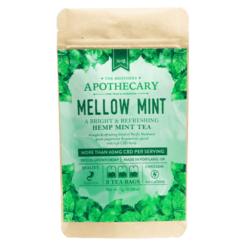 Brothers Apothecary Mellow Mint CBD Tea. 3ct green label on brown bag