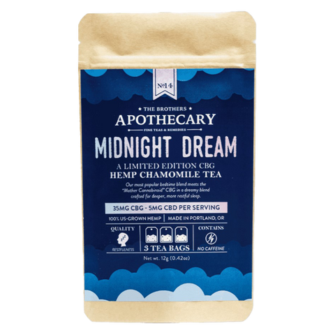 Brothers Apothecary Midnight Dream CBG tea. 3ct Blue and white label on brown bag