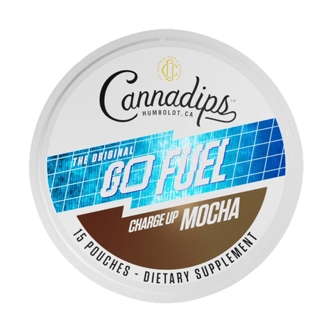 Cannadips Mocha Go Fuel pouches. 15 pouches per container. White container with blue and brown label.