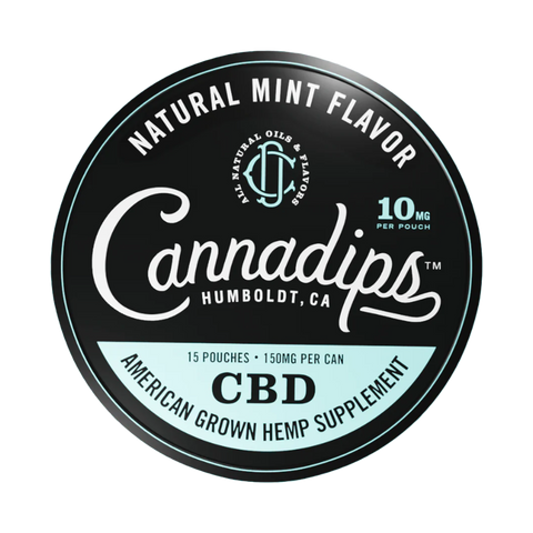 Cannadips Natural Mint CBD Pouches. Black and blue circular tin. 