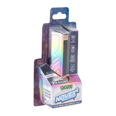 Ooze Novex 2.0 in rainbow. Rainbow and white packaging 510 vape battery.