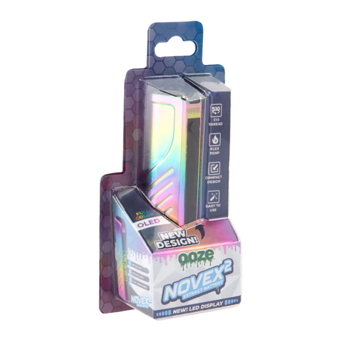 Ooze Novex 510 Vape Battery in Rainbow. White, rainbow, and clear packaging. 