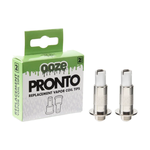 Ooze Pronto concentrate vaporizer replacement coils 2-pack. White and green packaging silver and white device.