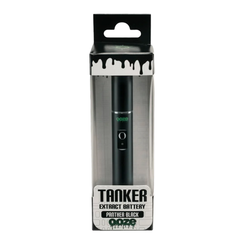 Ooze Tanker 510 vape battery in black. In white, black, and clear packaging.