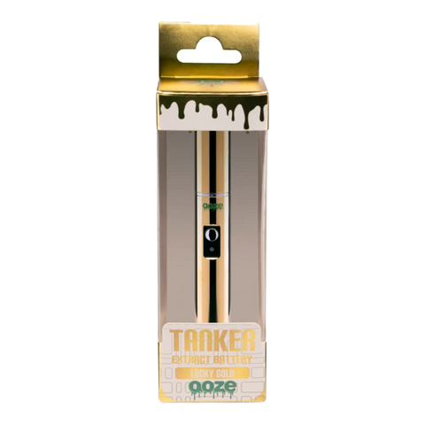 Ooze Tanker 510 Vape Battery in gold. White and gold packaging. 
