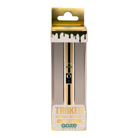 Ooze Tanker 510 vape battery in gold. In white, gold, and clear packaging.