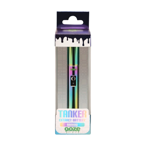 Ooze Tanker 510 vape battery in rainbow. In white, rainbow, and clear packaging.