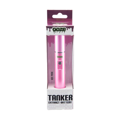 Ooze Tanker 510 vape battery in pink. In white, pink, and clear packaging.