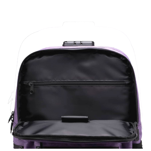 Image showing the Ooze traveler backpack with the locking pocket open. Black Color